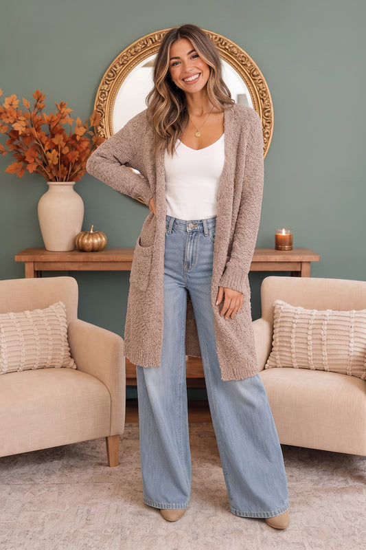 Falling For You Taupe Boucle Longline Cardigan