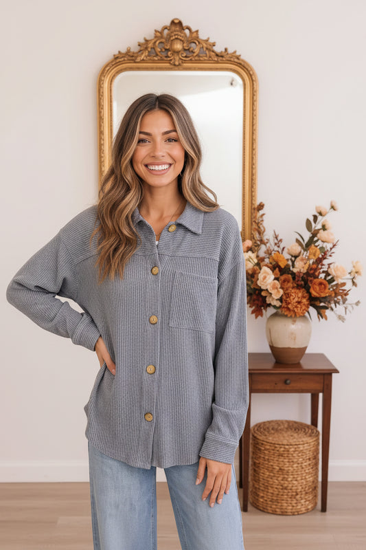 Dreamy Boyfriend Shacket in Slate Blue